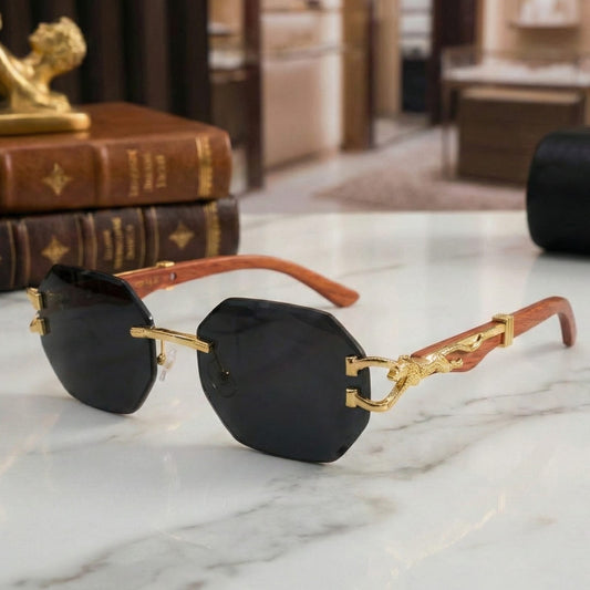 Luxury Rimless Octagon Sunglasses – Panther Edition with Wood Temples