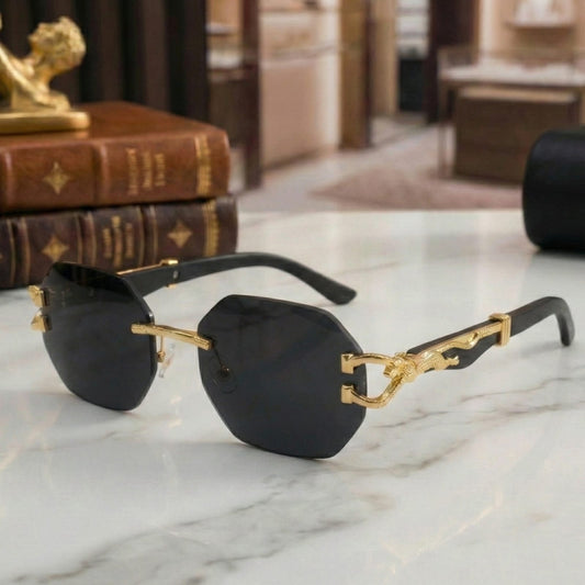 Luxury Rimless Octagon Sunglasses – Panther Edition with Wood Temples